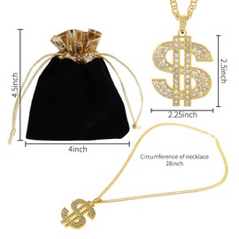 Hip Hop Costume Dollar Sign Necklace Ring Set,80s/90s Rapper Fake Gold Chain Costumes for Boys Girls Adult Men Women Dollar Medallion String Cord Birthday Party Favor, One Size
