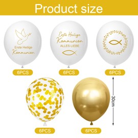 Cadimus Pack of 30 First Holy Communion Balloons, 5 Design Communion Decoration Girls Boy, Fish Motif, Dove Pattern and Leaf Wreath, White Golden Confirmation Balloons Decoration