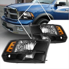 PM PERFORMOTOR Headlights Assembly Compatible with 2009-2012 Dodge Ram 1500 2500 3500, with Parking Light, Driver and Passenger Side, Carbon Fiber Pattern Housing/Amber Reflector