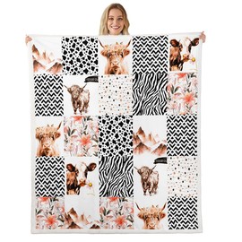 Highland Cow Throw Blanket for Bed Sofa Couch Cow Print Geometric Fuzzy Blanket Floral Farmhorse Highland Cattle Room Decorative Fleece Sherpa Blanket Leopard Print Plush Blanket Brown 40"x50"