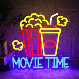 Folkive Movie Time Neon Sign for Wall Decor Dimmable Popcorn Led Sign for Cinema Snacks Neon Light for Snack Bar Video Room Home Movie Theater Man Cave Cafe Party Business Decor