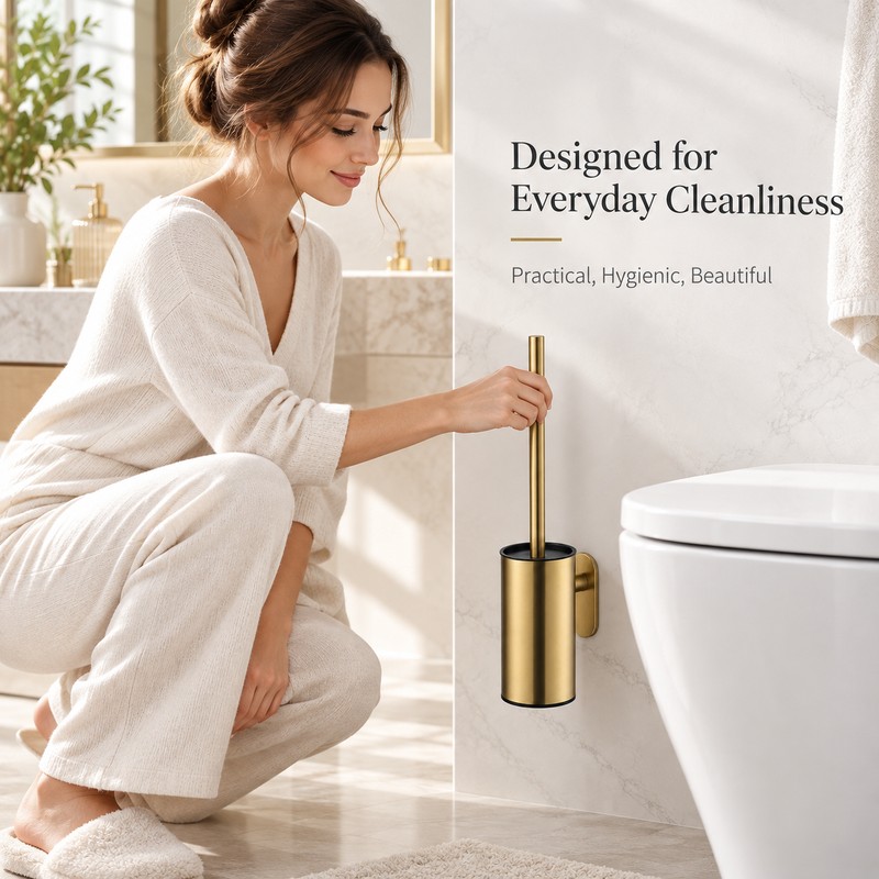 Gold Wall-Mounted Toilet Brush Set – No-Drill Stainless Steel Bathroom