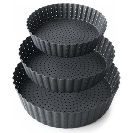 Set of 3 Quiche Tins with Carbon Steel Lifting Base - Extra High Tart Mould with Non-Stick Coating - Round Baking Tins 20, 24 & 28 cm for Quiche, Tarts, Cakes and Desserts