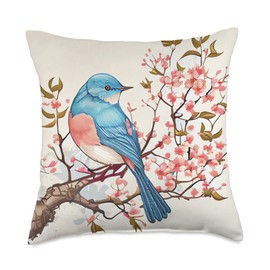 Arty Birdy Cherry Blossom Serenade Nature's Harmony Blue Bird Throw Pillow, 18x18, Multicolor