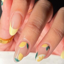 Summer Press on Nails Medium Almond Fake Nails Lemon False Nails Full Cover Acrylic Nails Artificail Stick on Nails for Nails Art Decoration 24Pcs