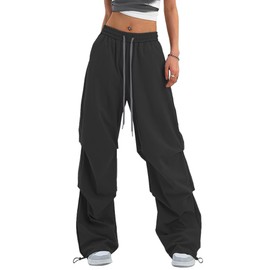 Bakyarder Women's Casual Parachute Pants Long Baggy Hiking Lightweight Drawstring Elastic Waist Wide Leg Track Trousers Y2K Streetwear Reflective Strips Pants Black Large