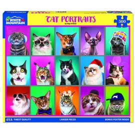 White Mountain 500 Piece Jigsaw Puzzle Funny Collage Cats Puzzles with Large Pieces Gift for Adults 18"x24" - Cat Portraits
