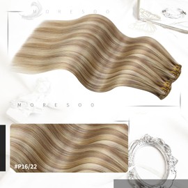 Moresoo Blonde Hair Extensions Clip in Human Hair Honey Blonde with Medium Blonde Clip in Hair Extensions Real Human Hair 24 Inch Mixed Blonde Clip in Extensions 7 Pieces/120g #16/22