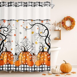 Culudea Fall No Hook Shower Curtain with Snap in Liner, Orange Pumpkins Maple Leaf Autumn Buffalo Plaid Thanksgiving Bath Curtain with Double Layers Waterproof Fabric and Mesh Top Window 71x74 Inch