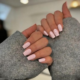 Uñas postizas de gel rosa polvoriento, cuadradas medianas, suaves y apagadas, cortas, de cobertura completa, acrílicas brillantes, reutilizables, fáci