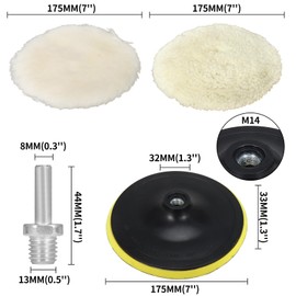 Baisiky - Juego de 8 ruedas de pulido de 7 pulgadas para almohadillas para orejas de lana, almohadillas para orejas de pulido de lana, almohadillas para orejas de encerado con adaptador de amortiguador de taladro M14