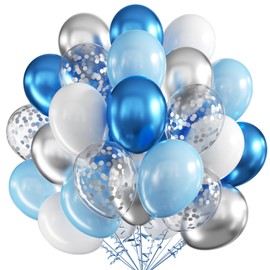 Balloons Blue White Silver Pack of 60 12 Inch Blue White Latex Balloons Metallic Blue Silver Balloons with Confetti Party Balloons for Birthday Wedding Baby Shower Decoration