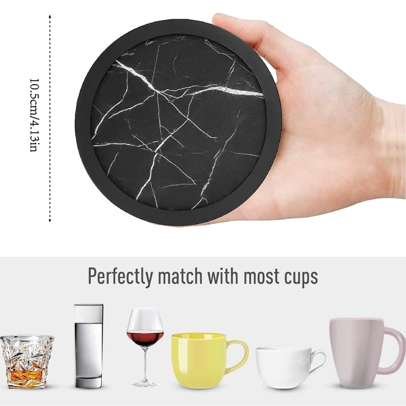 Set of 4 Black Silicone Coasters, Double-Sided Absorbent Felt &