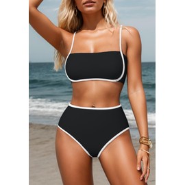Pink Queen Women's High Waisted Bikini Sets Sporty Two Piece Swimsuits Color Block Cheeky High Cut Bathing Suits Black S