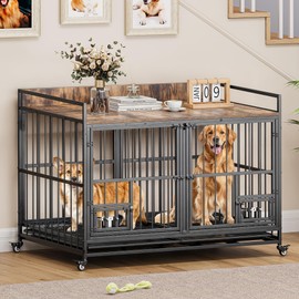 YITAHOME 37.5'' Heavy Duty Dog Crate with Removable Divider, Double Doors & Locks Design, Furniture Style Large Dog Crate with 360° Rotatable Dog Bowls & 360° Wheels & 2 Trays for Small/Medium Dog