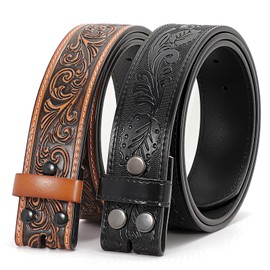 SANSTHS 2 Pack Western Belts without Buckle for Men, Cowboy Belt for Buckle Western Leather Belt Straps for Jeans, Floral Brown & Black