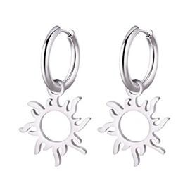 Sun Pendant Hoop Earrings for Women Stainless Steel Sun Dangle Earrings Gold Silver Sunshine Drop Earrings Jewelry (Silver)