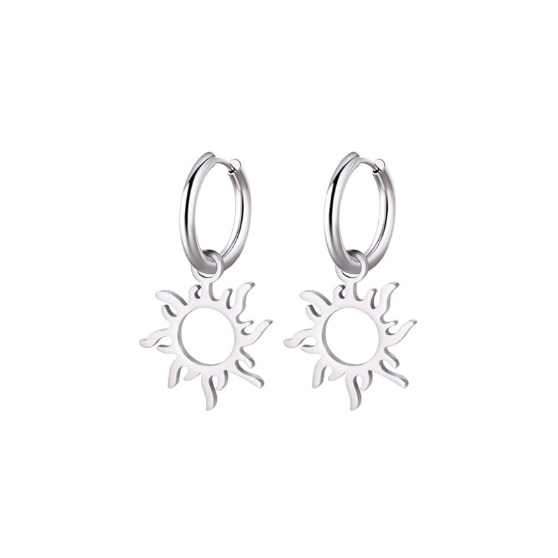 Sun Pendant Hoop Earrings for Women Stainless Steel Sun Dangle