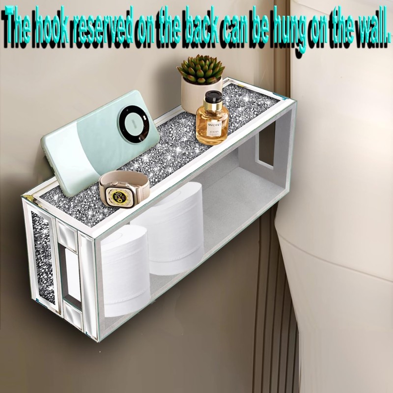 Wocred Bathroom Basket Toilet Tank,Crushed Diamond Mirrored Bathroom Tray Wall-Mounted,Silver