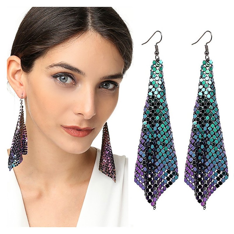 Suyi Trendy Women Earrings Metal Mesh Grid Sequins Tassel Long
