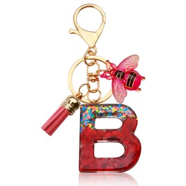 ORUZA Alphabet Initial Letter Keychain, Red Sequin Initial Letter Keyring with Bees Tassel Pendant Resin Alphabet Key Ring for Women Wallet Purses (B)