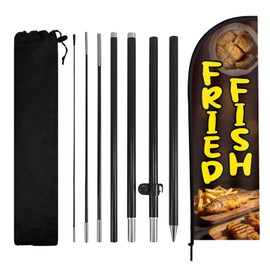 Fried Fish Feather Flag, 8.2ft Fried Fish Flag with Aluminum Pole and Ground Stake for Outside Swooper Flag Advertisng Feather Banner