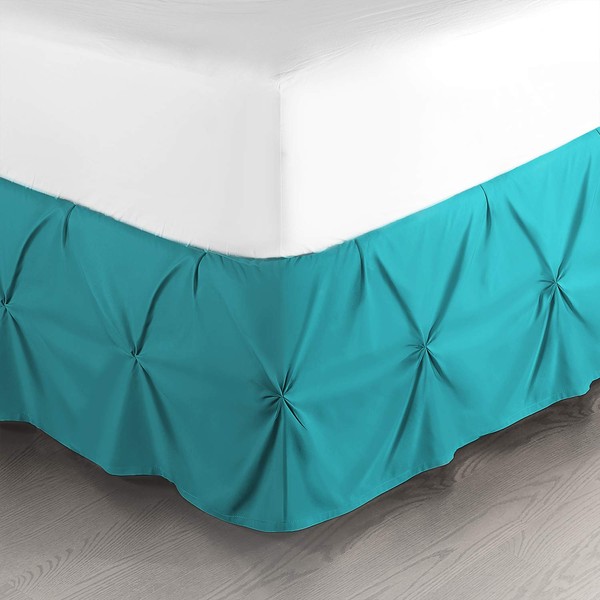 Pinch Pleat Bed Skirt, Pleated Wrap Around Bed Skirt, Easy Fit 14” Inch Pintuck Bed Skirt, Premium Microfiber Ruffle Bed Skirt, Luxury Bedskirt, Hotel Quality Bed Ruffle, Queen Bed Skirt Teal Blue