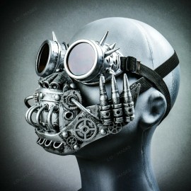 ILOVEMASKS Steampunk Full Face Metallic Silver Jaw Mask & Spike Goggles Burning Man Costume