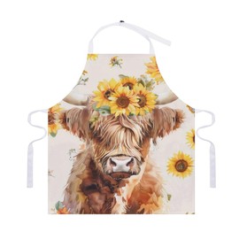 Huryilo Watercolor Highland Cow Apron Fall Decor Sunflower Fall Cooking Apron Adjustable Chef Aprons With Pockets