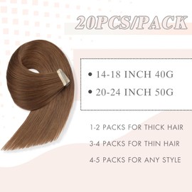 Tape in Hair Extensions 20pcs 16 Inches Tape Ins Hair Extensions Human Hair for White Women Invisible Seamless Tape Ins Skin Weft Medium Brown (6#)