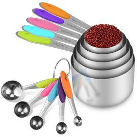 10 Pcs Measuring Cups and Spoons Set, Premium Stainless Steel Measuring Spoons Set with Engraved Scale, 5 Cups & 5 Spoons with 2 O-Rings Stackable Handle Accurate Tablespoon for Baking Liquid & Solid