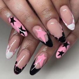 Almond Fake Nails Medium Press on Nails Acrylic Artificial Glossy Nails French False Nails with Five-Pointed Star Designs Full Cover Glue on Nails Stick on Nails for Women