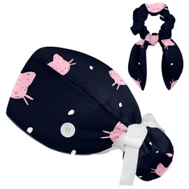 Pink Cats Scrub Cap, Adjustable Working Cap with Button, Bouffant Caps with Bow Hair Scrunchy