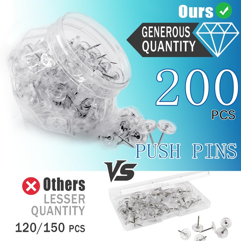 200 Pcs Clear Push Pins Tacks Count in Diamond-Shaped Can