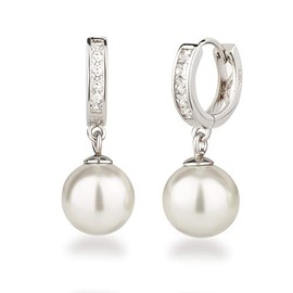 Schöner-SD Creole Earrings, 925 Silver Rhodium with 10 mm Pearl Ball, Silver