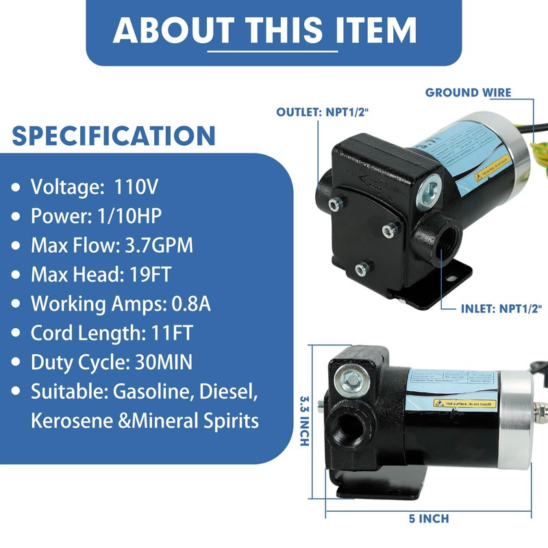 LAPPPLSP 110V Gasoline Oil Fuel Transfer Pump with Connection Cables,