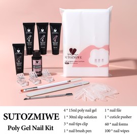 SUTOZMIWE Poly Gel Nail Kit, Clear White Nude Pink Nail Extension Gels with Slip Solution, Dual Nails Forms for Builder Gel, Nail Starter Kit, Home DIY Manicure Set