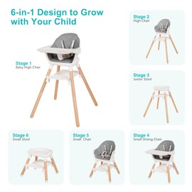 Komcot Baby High Chair, 6 in 1 Wooden Convertible High Chairs for Babies and Toddlers, Booster Seat with Double Tray & Reversible Footrest Baby Highchair, 5-Point Harness Baby Feeding Chair, Beige