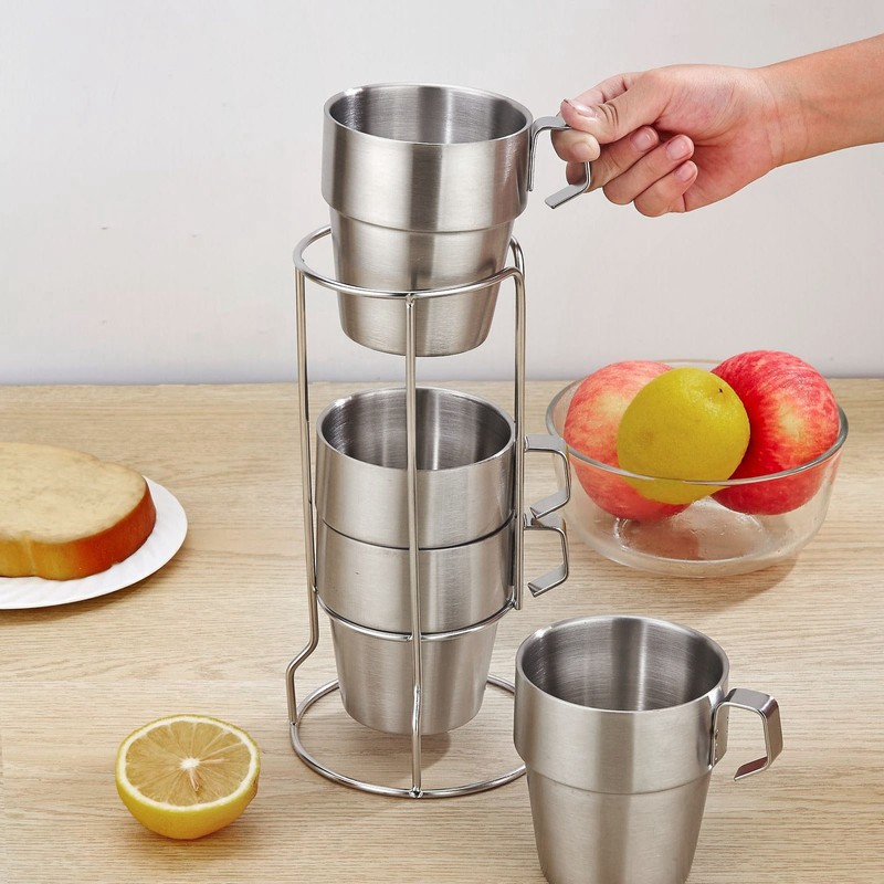 Stainless Steel Camping Cup Set of 4 Double Layer Coffee