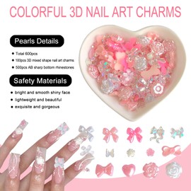 Euddty 600 Pieces 3D Nail Charms Multi Styles Pink White Flatback Resin Butterfly Nail Charms Rose Flower and Sharp Bottom AB Rhinestones Pearls for DIY Nail Art Decoration Making Craft