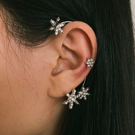 Aneneiceera Rhinestone Snowflake Ear Cuff Earrings Silver Zircon Star Wrap Crawler Earrings CZ Full Ear Earrings No Piercing Crystal Earrings Jewellery for Women and Girls Animal Earrings