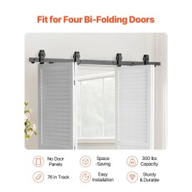 Bi-Folding Sliding Barn Door Hardware Track Kit 76\" Heavy Duty Top Mount Easy Insta Installation Slide Smoothly & QuietlyLength/Number of Doors: 76 inch/4