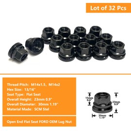 24 Pack 14mmx1.5 Open End Flat Seat Lug Nuts, 0.9" Height, 13/16" Hex, OEM Factory Style, Black
