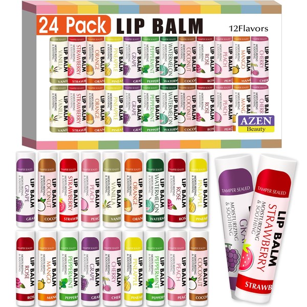 AZEN 24 Pack Lip Balm, Natural Lip Balm Bulk, Lip