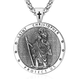 QCFL St Christopher Medal Necklace Mens Sterling Silver Saint Christopher Necklace for Men Round Amult Pendant Protection Jewelry Religious Gifts