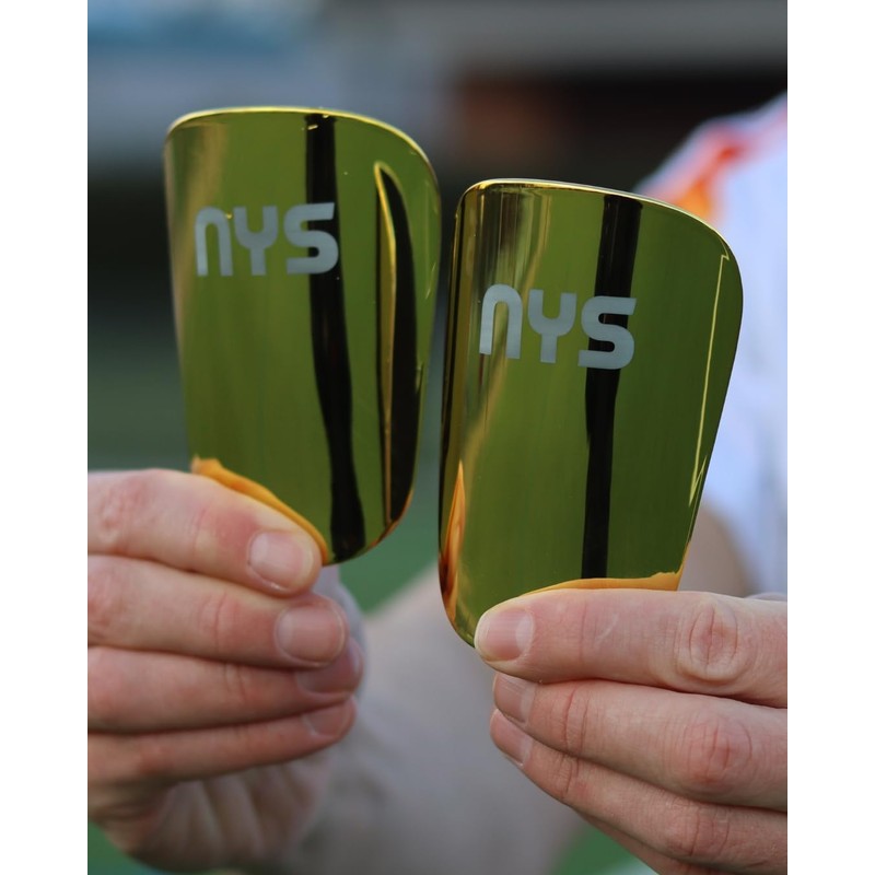 NYS Sport Mini Schienbeinschoner, Gold Chrome, mit Aufbewahrungstasche, 6x10cm, rutschfest,