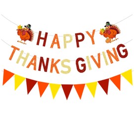 Thanksgiving Banner Party Decorations Happy Give Thanks Glitter Letter Turkey Holiday Flag Fall Leaves Friendsgiving Festival Decor Garland Pumpkin Maple Leaves Cardstock Banner