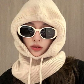Petit Knitted Hooded Neck Warmer Balaclava Scarf Warm Hat Winter Gear Muffler 2.Hood-Beige