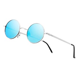 NIEEPA John Lennon Gafas de sol redondas polarizadas estilo hippie, pequeñas gafas de sol circulares, Lente azul/marco plateado, Pequeño