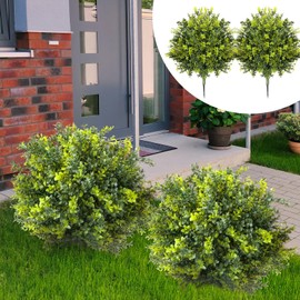 CroBlissful Artificial Boxwood Ball Bush with Spikes 24in UV Resistant Topiary Tree Faux Boxwood Ball Shaped Porch Artificial Bushes with Ground Spike for Indoor Outdoor Garden Yard Decor (2 Pack)